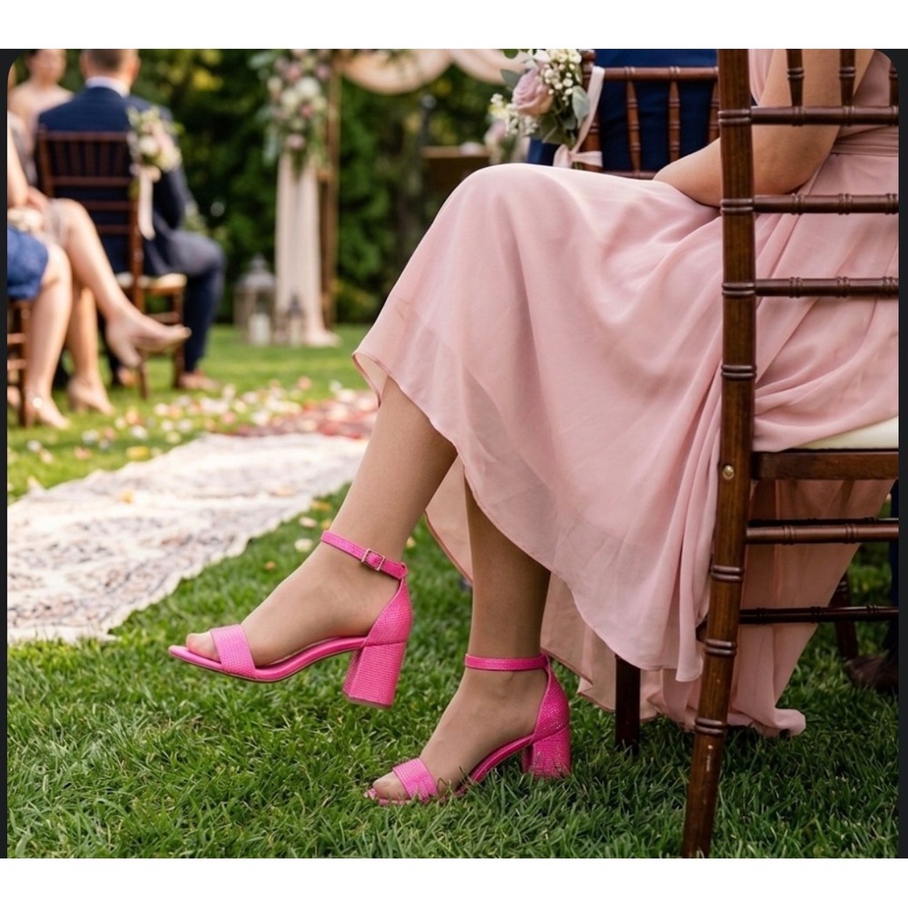 NWT GB Hot Pink Rhinestone Accent Ankle Strap Block Low Heel Sandals Sz 8.5